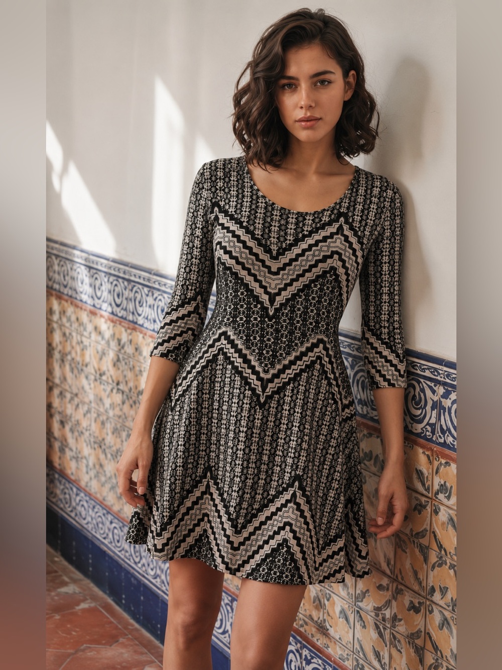 Anthropologie living doll Scoop neck Longsleeve Flare Mini Dress Art Deco Aztec